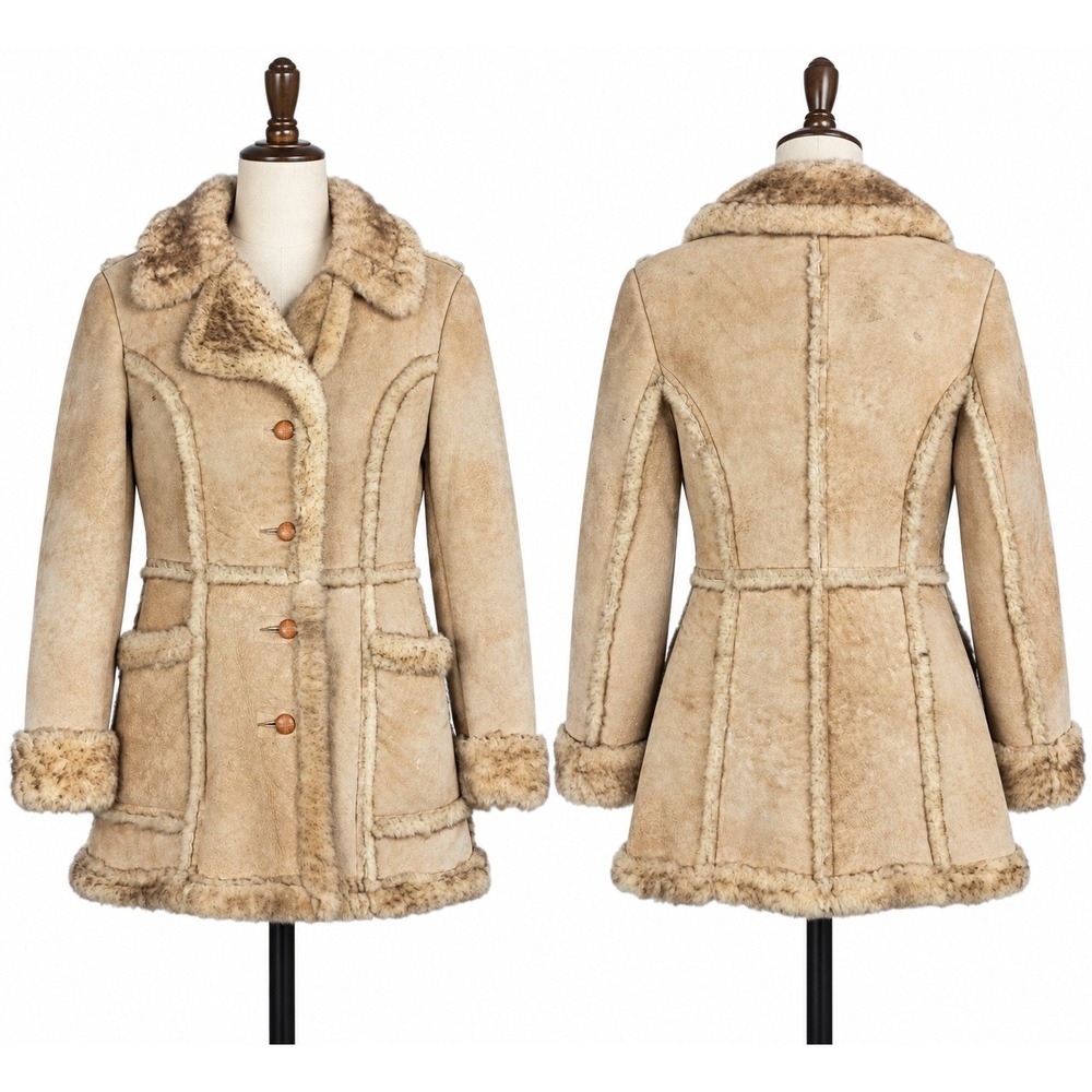Vintage 70s Sears Womens Small Faux Shearling Coat Boho Penny Lane Hippie Tan